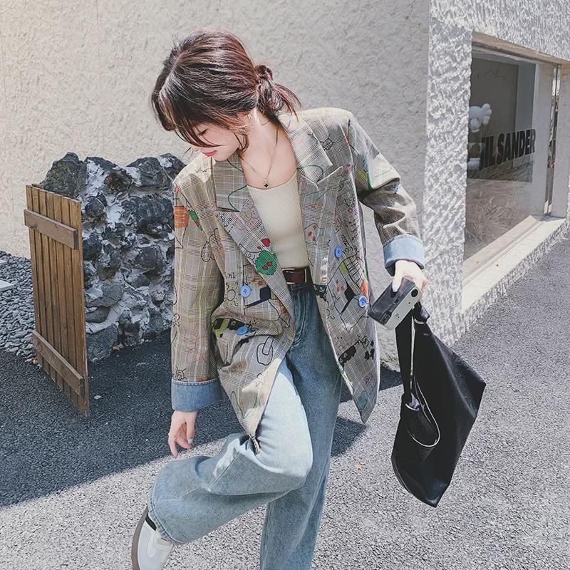 Jachetă de damă primăvara 2025 gri cu imprimeu graffiti în carouri: Street-Rock Croială Largă, Design Nou
