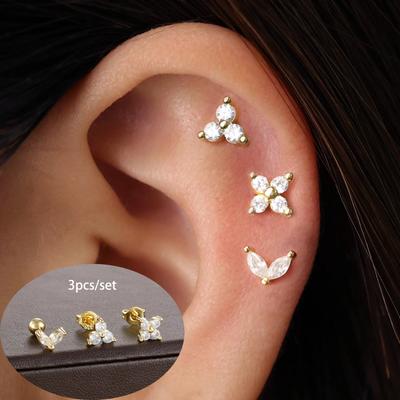 3PCS Exquisit Stainless Steel Mini Zircon Cartilage Piercing Stud Earrings Set Women Helix Tragus Piercing Women's Body Jewelry