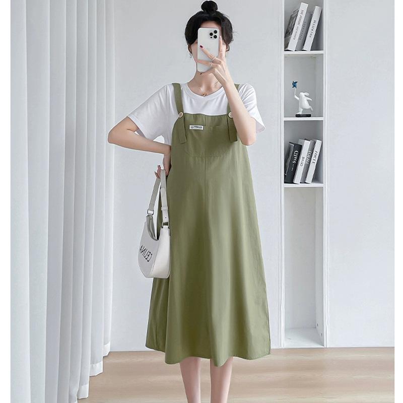 

Maternity clothing summer round neck fake two-piece strap loose large size belly and thin outer wear versatile trendy dress 2XL recommends 145-82.5kg
