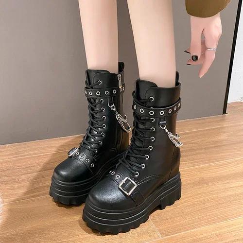 Fashion Women's Mid-calf Boots Autumn 2024 Fashion PU Leather Chain Platform Black Booties Punk British Style Casual Shoes for Ladies