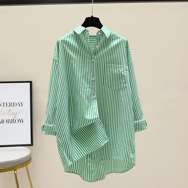 Women's Spring and Autumn Korean Style Front Short Rear Long Shirt Medium Long Vertical Stripe Shirt Casual Coat