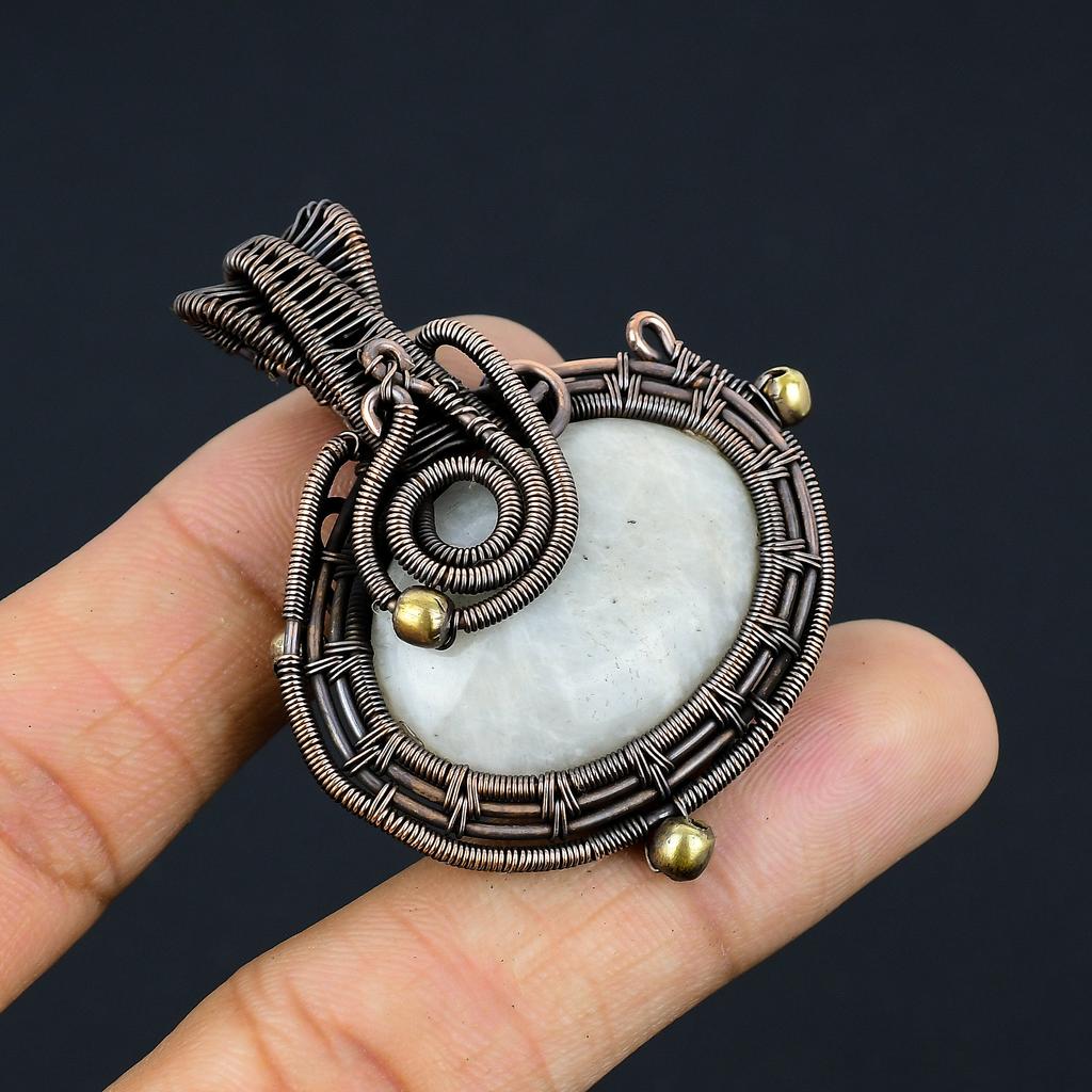 Natural Rainbow Moonstone Gemstone Copper Wire Wrap Gift Pendant 2.17" d8G38