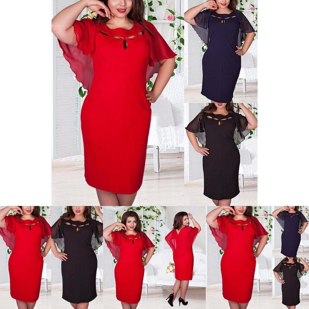 Damska Modna Sukienka Plus Size 6XL z Wycięciami, Krótkim Rękawem, Jednokolorowa, Dla Swobodnego Stylu**