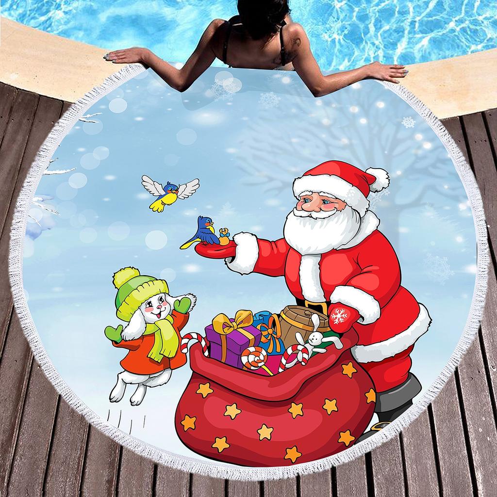 Cartoon Santa Claus Round Beach Towel,Christmas Theme Beach Towels, Microfiber Bath Towel for Boys Girls Adult New Year's Gift