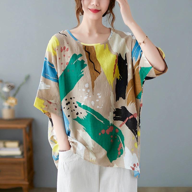 Plus Size Women's Casual Shirt, Floral Print Round Neck Lantern Sleeve Loose Top, Women's Office Casual Top