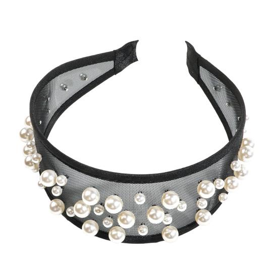 Widened Curved Hair Hoop, Breathable Mesh Base Headband with Imitation Pearls Decor, Anti-Slip Hemming Face Shaping Hair Accessory