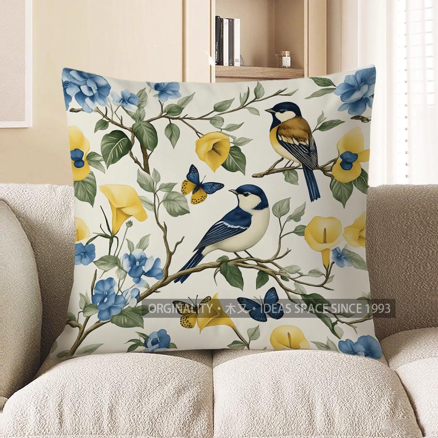 Home Decor Blue Birds & Flowers Printed Pillow Cover Pattern Cushion Cover Suitable For Sofa Bedroom Car Pillow Cover