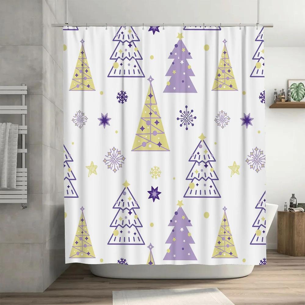 GAEPurple Christmas Tree Shower Curtain with Yellow Snowflakes Waterproof Bath Mat Set for Home Decor in Bathroom Accessories