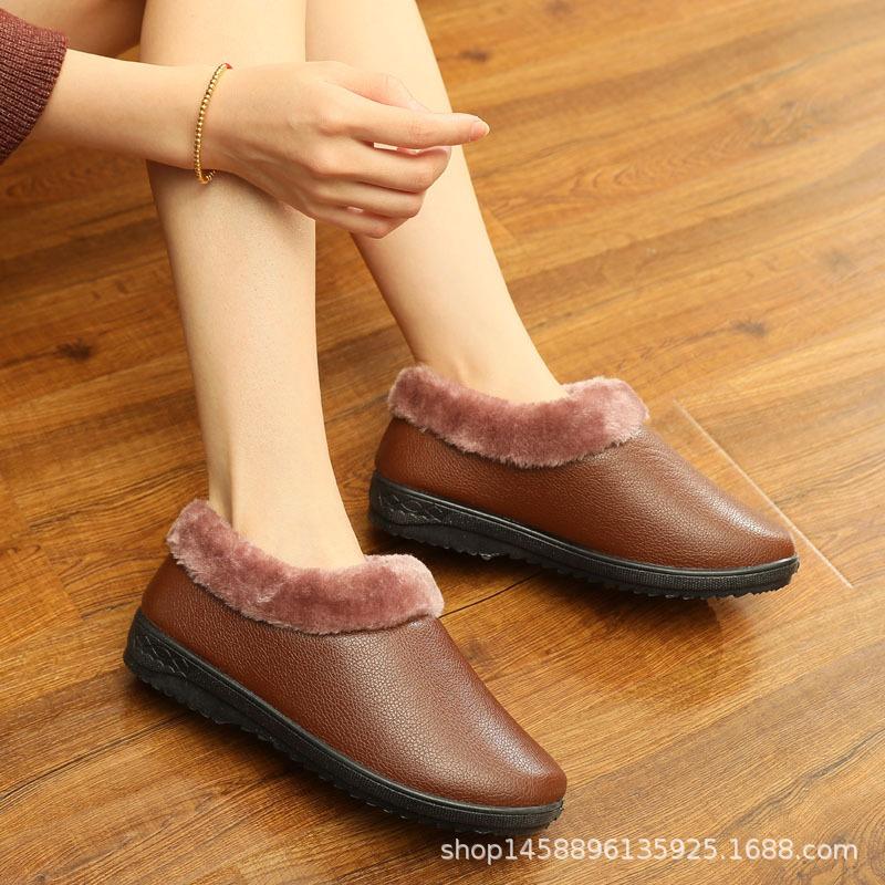 Winter Stoffschuhe Damen Baumwollschuhe Verdickte Wasserdichte Baumwollstiefel Lederoberfläche Mittelalt Alte Mutter Freizeitschuhe