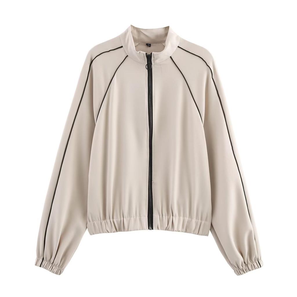 European and American style, wholesale women's fashion contrasting color trimmed bomber jacket jacket trimmed wide leg pants