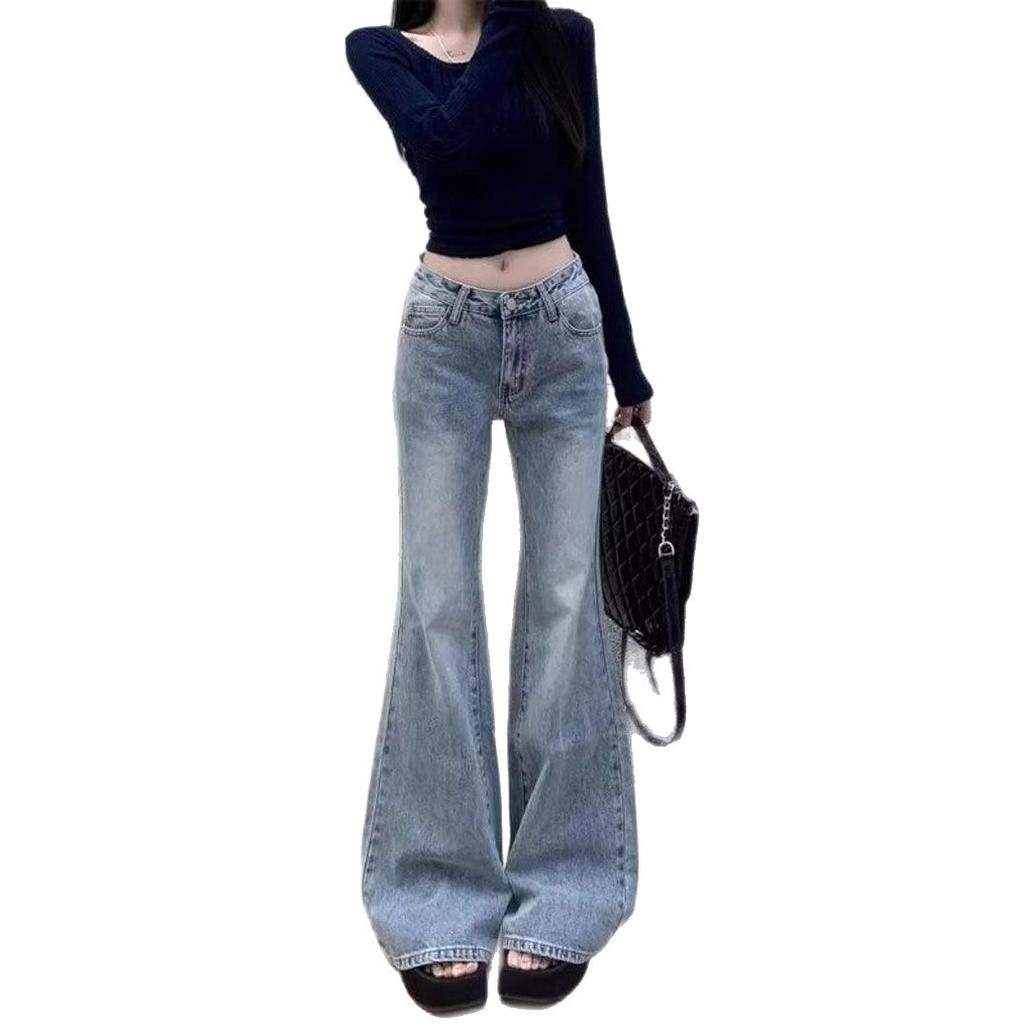 Comfortable Light Blue High Waisted Jeans Women Slim Large Size Slim Micro Flare Straight Pants Long Pants Jeans for Women Long Denim Pants