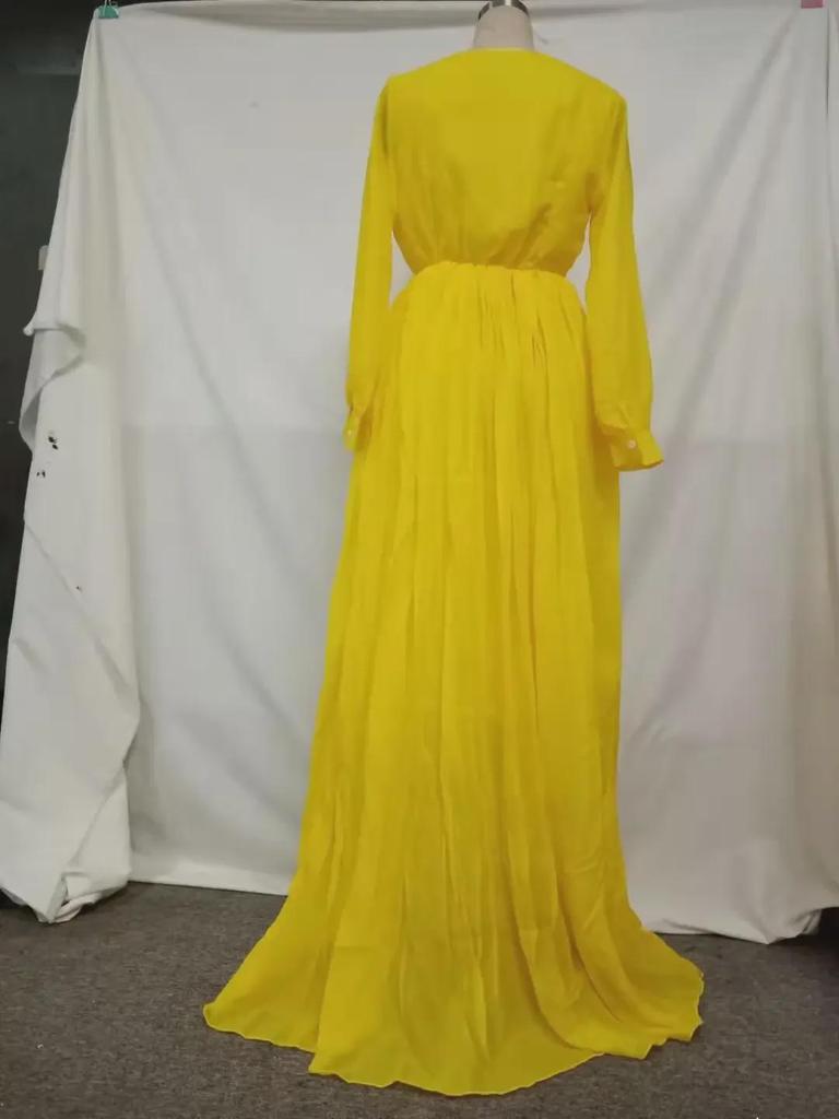 Retro Šifonové Žluté Dlouhé Šaty s Vysokým Pasem a Páskem