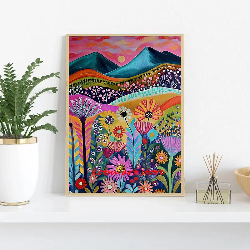 Colorful Abstract Landscape Mountain Floral Scenery Posters Prints Canvas Painting Wall Art Pictures for Living Room Home Decor
