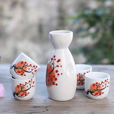 Ceramics Bar Set Japanese Sake Set with Four Wine Cups Hand Painted Safflower Porcelain Style Pottery Gift