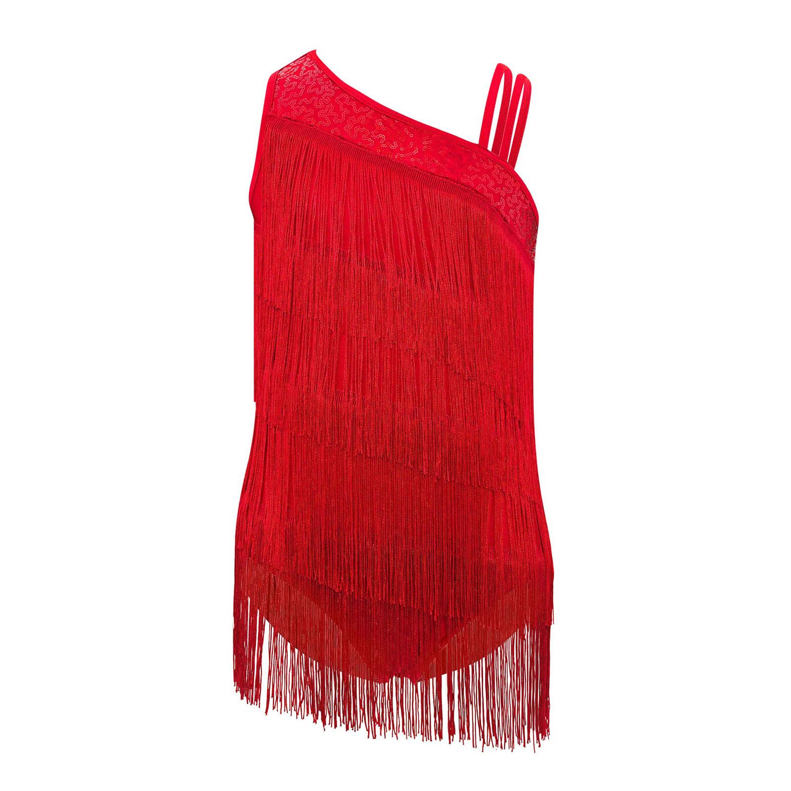 

Дівчачий сучасний костюм для бальних танців, без рукавів, ярусні китиці, леотард, асиметричний дизайн, одяг для латиноамериканських танців, сальси 7-8 Years червоний