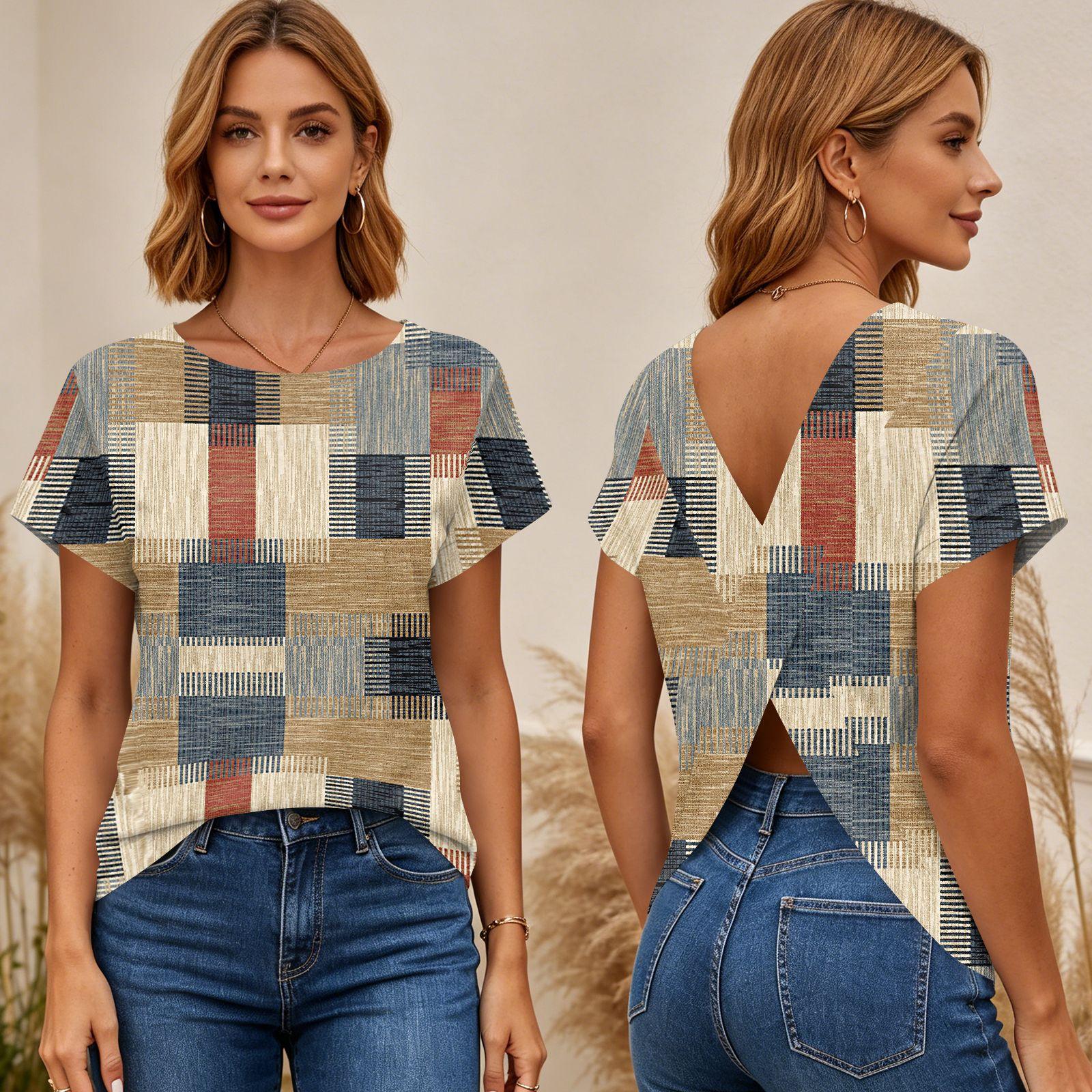 

Women Short Sleeve Geometric Print Cross Back T Shirt Top with V Neck Loose Fit Casual Blouse for Daily Wear XL хакі