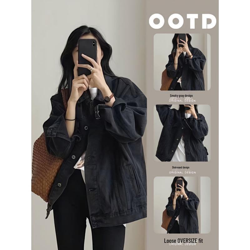 

2022 Women s Loose Denim Jacket - Korean BF Style Spring Chic Short Jacket with Pockets Medium сірий колір/деревне вугілля