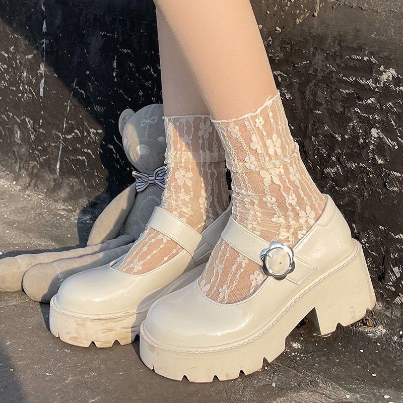 Women's White Lace Scrunch Mid-Calf Summer Socks - Mesh, JK Style, Ideal for Mary Jane Shoes