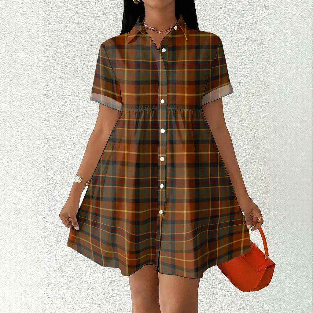 Casual Loose Fit Shirt Dress with Button Front and Stand Collar Short Sleeve Relaxed Fit Plaid Pattern Dress for Women