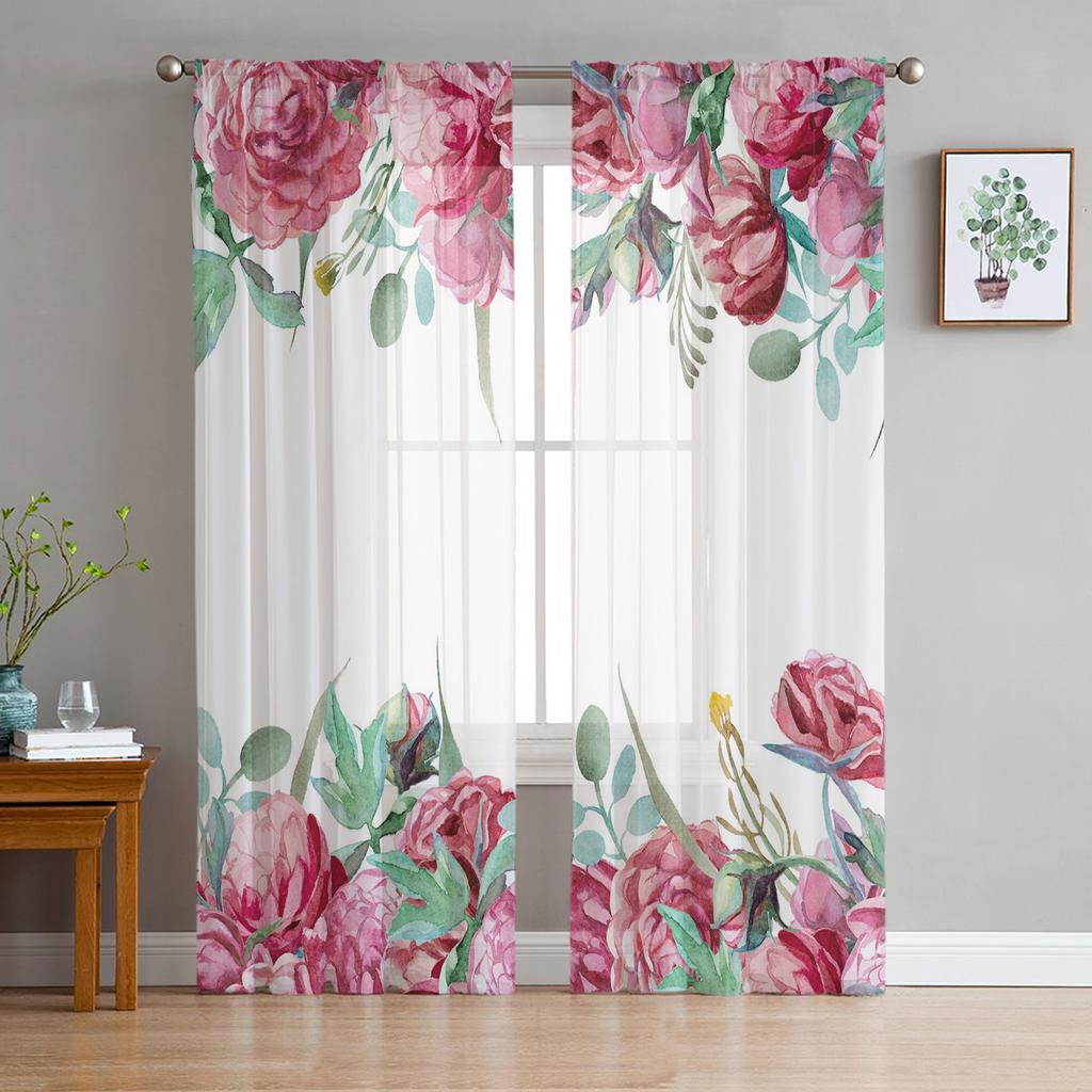 Peony Flower Sheer Curtains for Living Room Modern Voile Curtain Bedroom Tulle Curtains Window Drapes Decor
