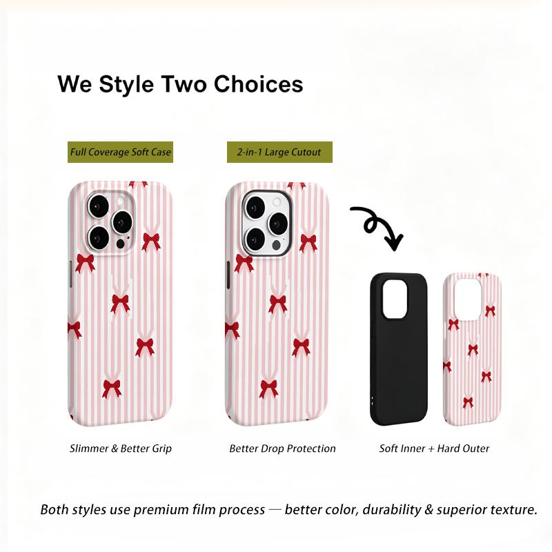 Precious Sweet Pink Striped Red Bow Pattern Film Aesthetic Protective Shockproof Bumper Phone Case For iPhone 13 14 15 16 17 Pro Max Plus