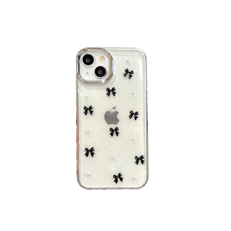 Transparent Glitter Phone Case for IPhone 16 Promax Black Bow for Apple 17 Pearl 13 Women's New Model