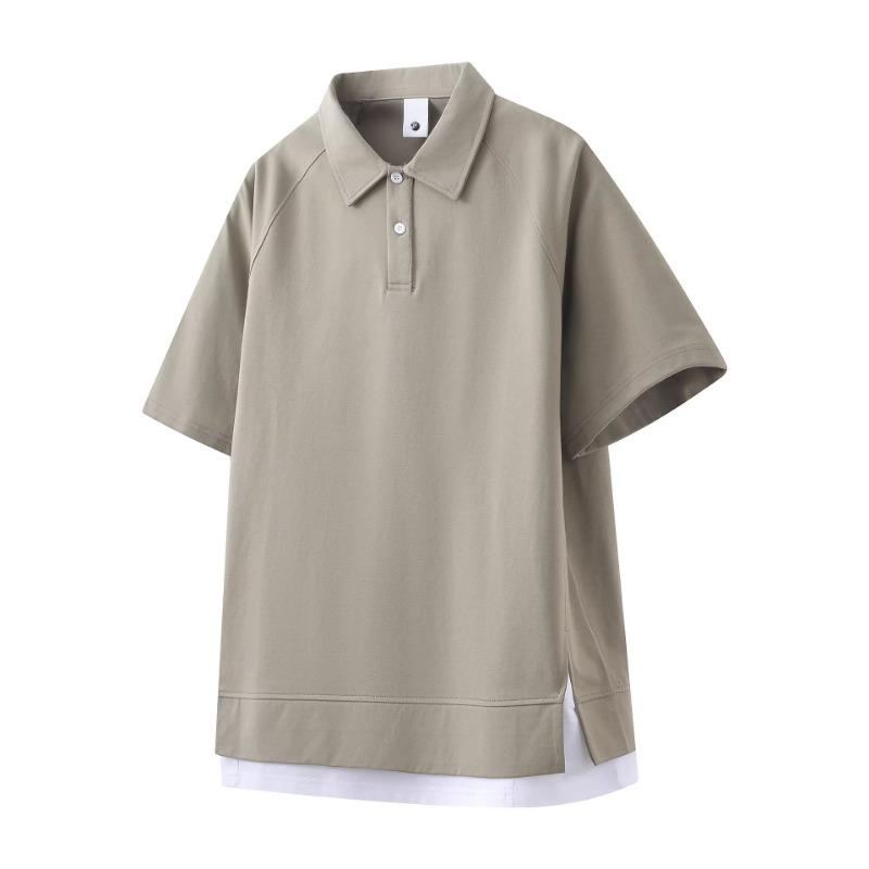 Men Turn Down Collar Short Sleeve Polo Shirt Fake Two Piece Raglan Casual Loose Daily Tops