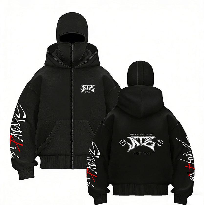 Stray Kids Skz Harajuku Printed Stray Kids Double Hood Zip-Up, Harajuku Print SKZ Hoodie for STAY Two-hat Zip-up Shirt for Men and Women