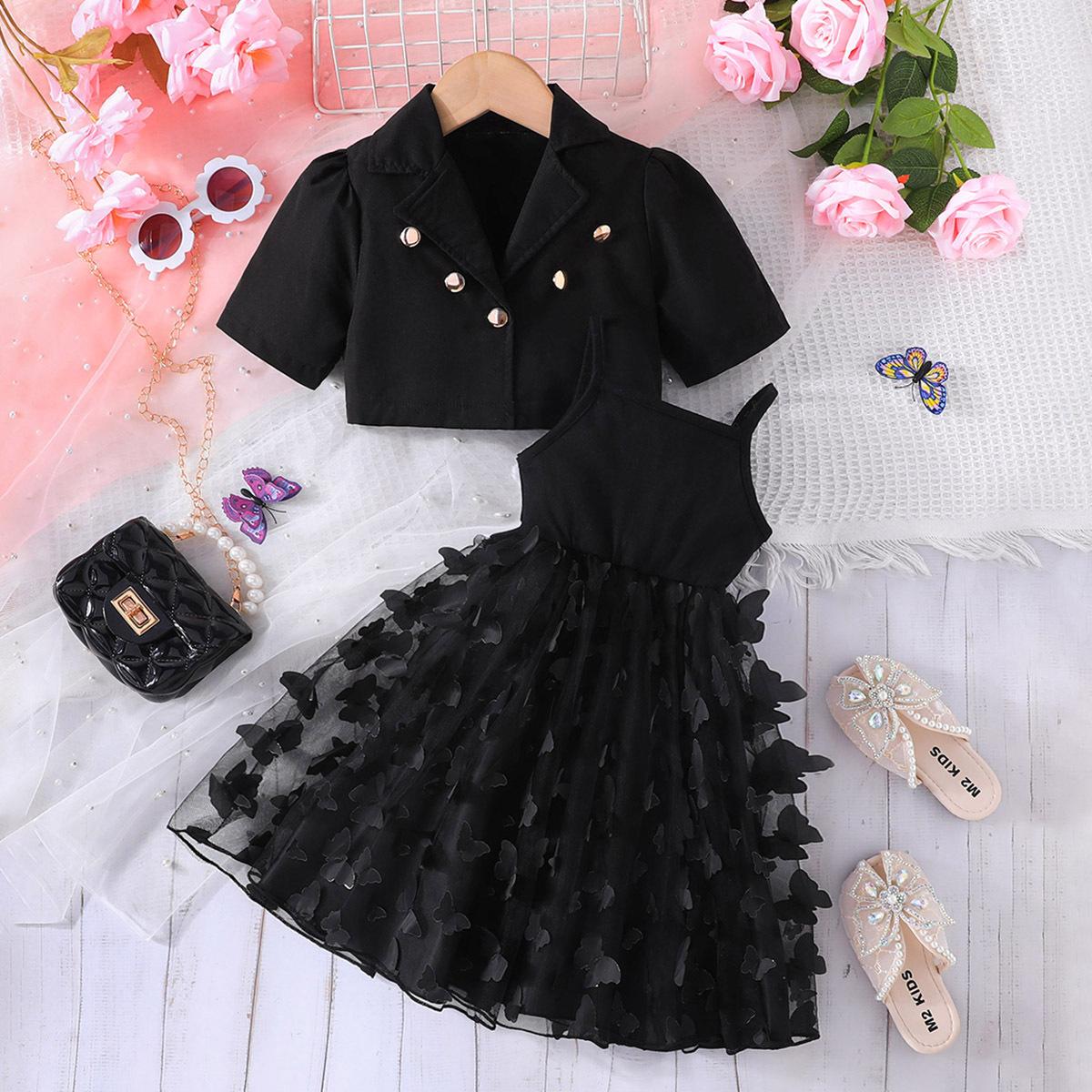 

Платье для девочек, новый летний короткий костюм для девочек, куртка + длинная юбка с лямкой и лямкой из сетки-бабочки, комплект из двух предметов, От 3 до 8 лет 7Y чёрный