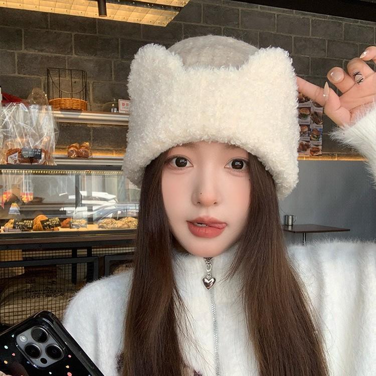 Cute Cat Ears Mixed Color Plush Knitted Hat for Women In Autumn and Winter Sweet Face-showing Small Woolen Hat Warm Ear Protection Hat