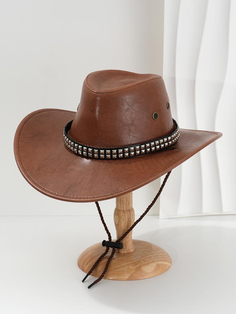 Men's and Women's PU Leather Denim Hat Bohemian Fashion Metal Rhombus Nail Belt Denim Hat Vacation Gift