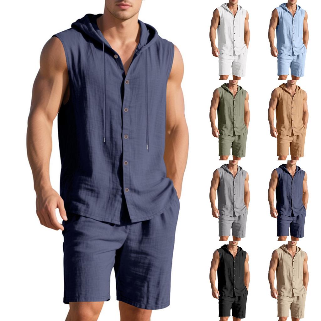 Men's Linen Set, Solid Color Lightweight Hooded Sleeveless Shirt And Elastic Waist Breathable Shorts, Two-piece Set, Men's Vacation Beach Set