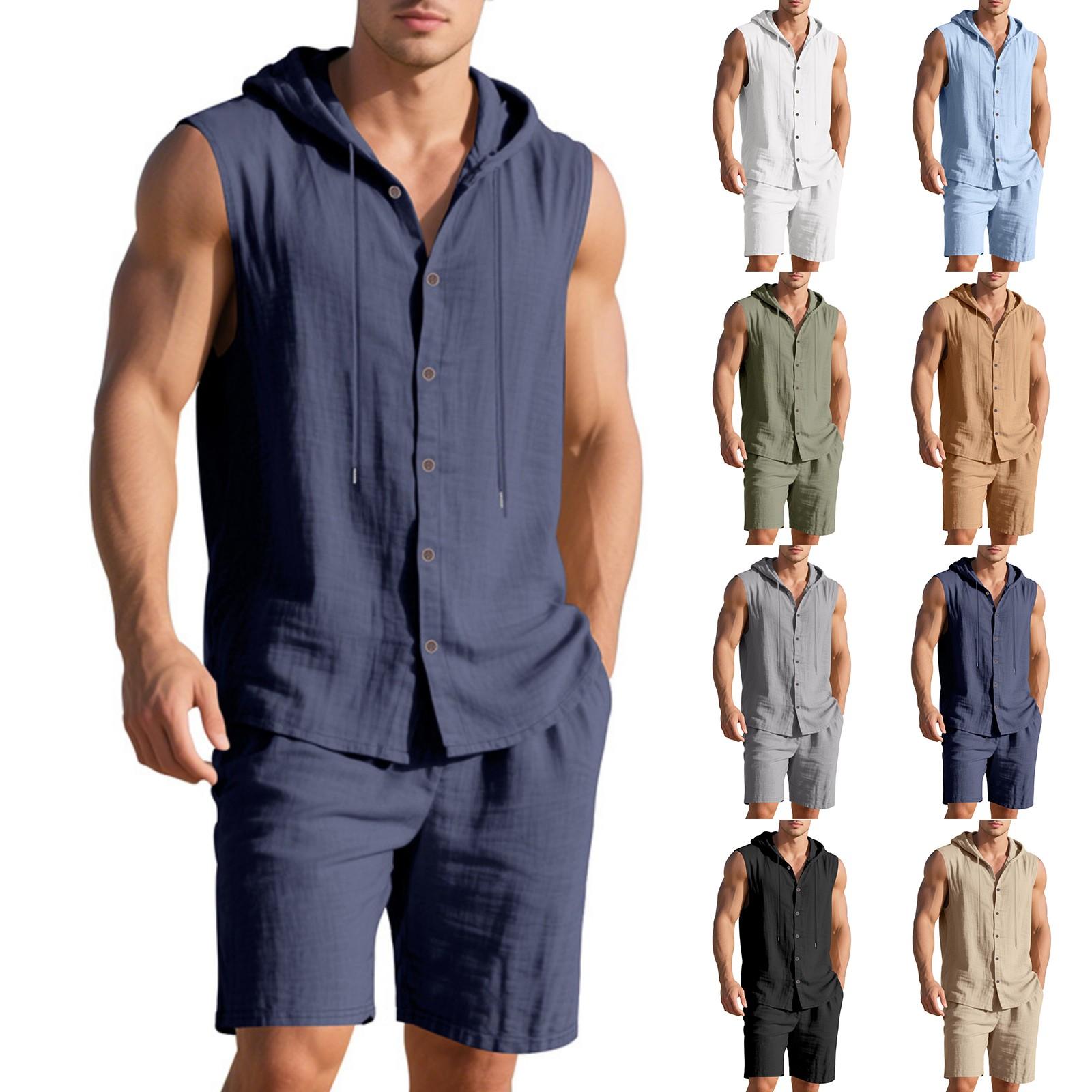 

Men s Linen Set, Solid Color Lightweight Hooded Sleeveless Shirt And Elastic Waist Breathable Shorts, Two-piece Set, Men s Vacation Beach Set XL