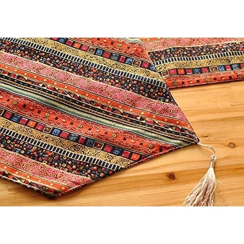 Japanese-style Table Runner, Cotton and Linen, Red, 30*180cm, Modern Multicolor Stripes, Asian Floral Print with Tassels, Bed Runner, Classic and Styl