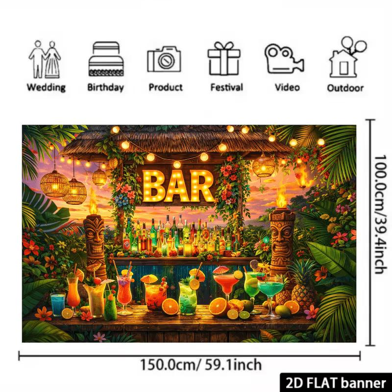 Toile de fond Tiki Bar 2D, Bannière de fond photo pour fête de cocktail Luau Hawaïen Tropical