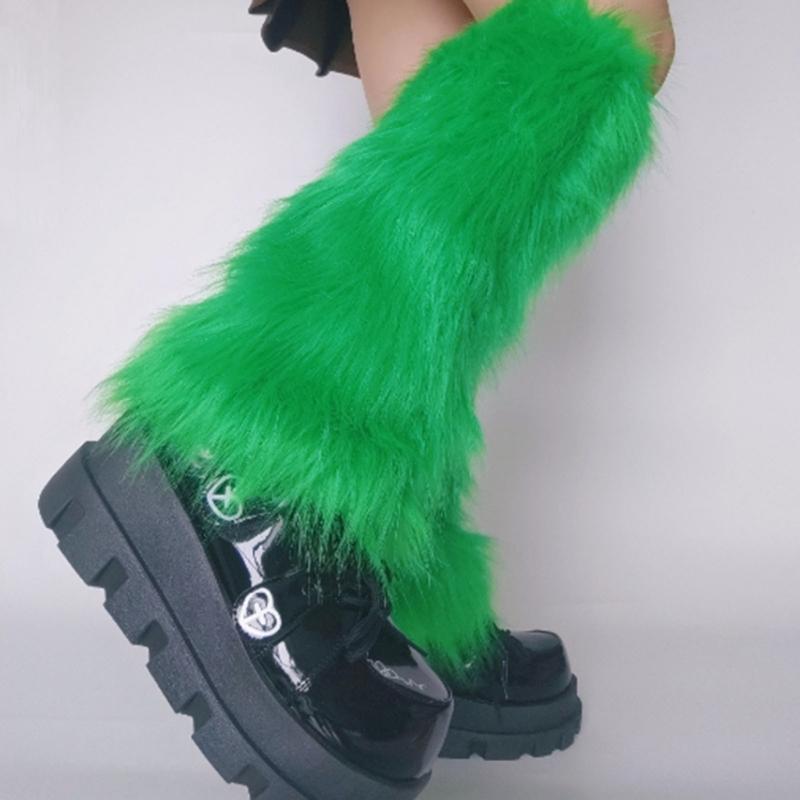 Women Girls Japanese Style Solid Green Plush Leg Warmer Aesthetic Punk Fuzzy Thickened Boot Cuffs Leg Cover Long Sock
