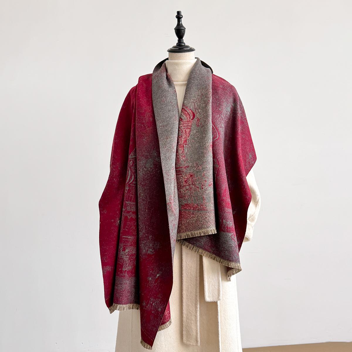 

Retro Style Cashmere Women Castle Print Double-Sided Scarf Winter Warm Shawl Pashmina Female Foulard Blanket Poncho Scarves