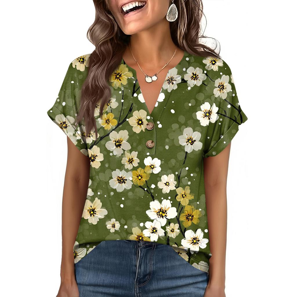 Camiseta de Manga Corta con Botones, Cuello en V, Estampada, Casual, Holgada, a la Moda para Mujer