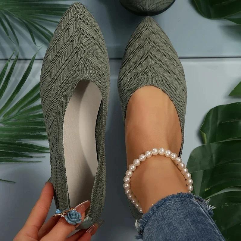 Flache Schuhe mit spitzer Spitze für Damen, einfarbig, gestrickt, Schlupfschuhe, lässig, atmungsaktiv, Ballerinas, flache Schuhe, Halbschuhe, Damen