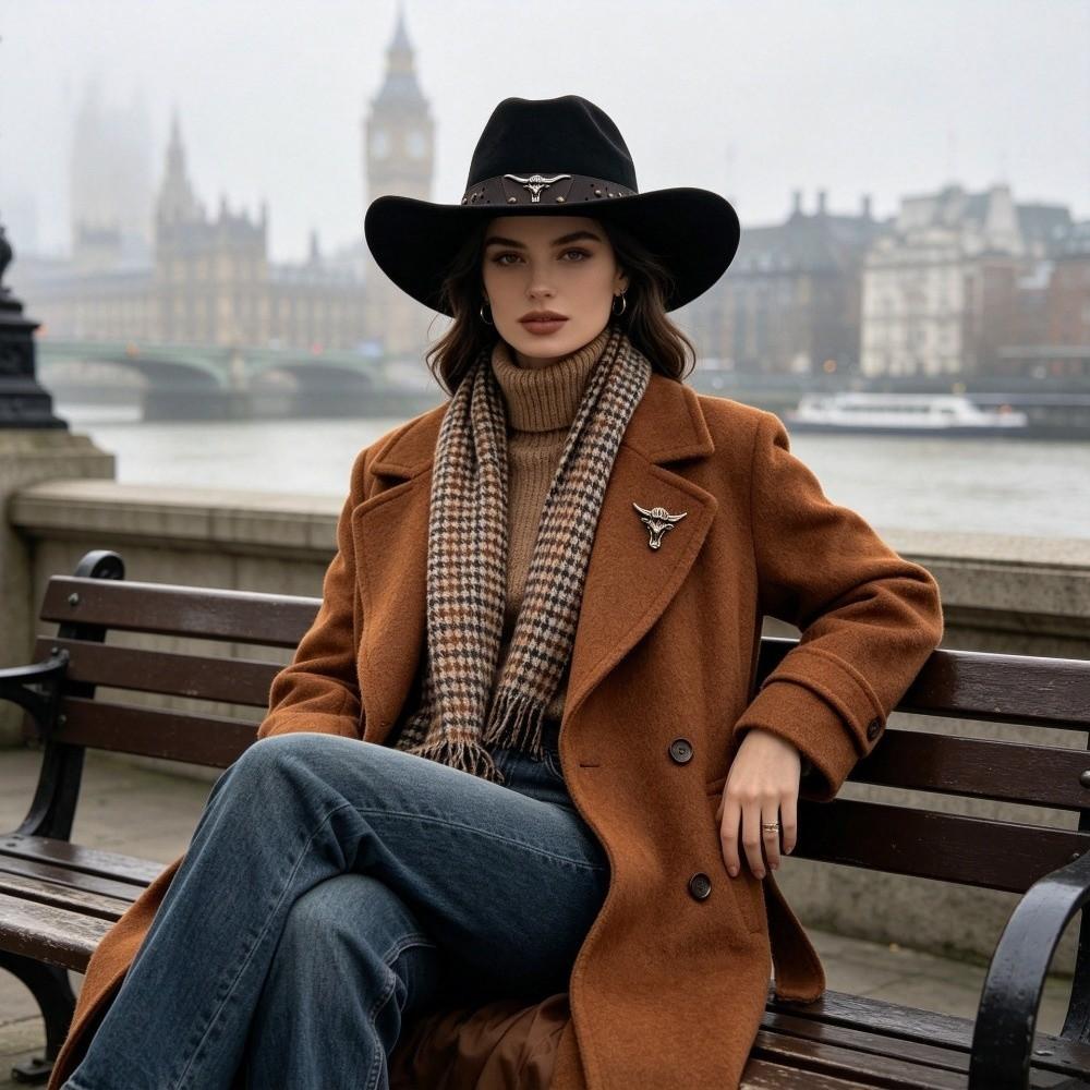 Wide Brim Western Cowboy Hat Ox Head Decorative Studded Leather Cap Tibetan Style Top Hat  Party