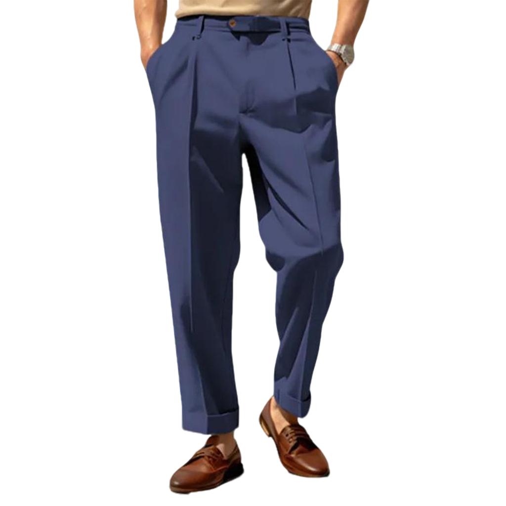 Men's Button Tapered Suit Pants Classic-Fit Pleated Dress Pant Lightweight Straight-Legs Men Trousers