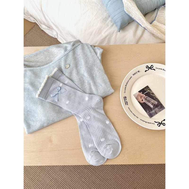 Summer Lightweight Bow Tie Women's Blue Color Pile-up Stockings with Hollowed-out Small Floral Patterns and Mid-length Socks with An Academic Style