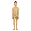 Girls Stage Performance Jumpsuit: Asymmetrical Metallic Mock Neck Mesh Patchwork Back Invisible Zipper Bodysuit Dancewear