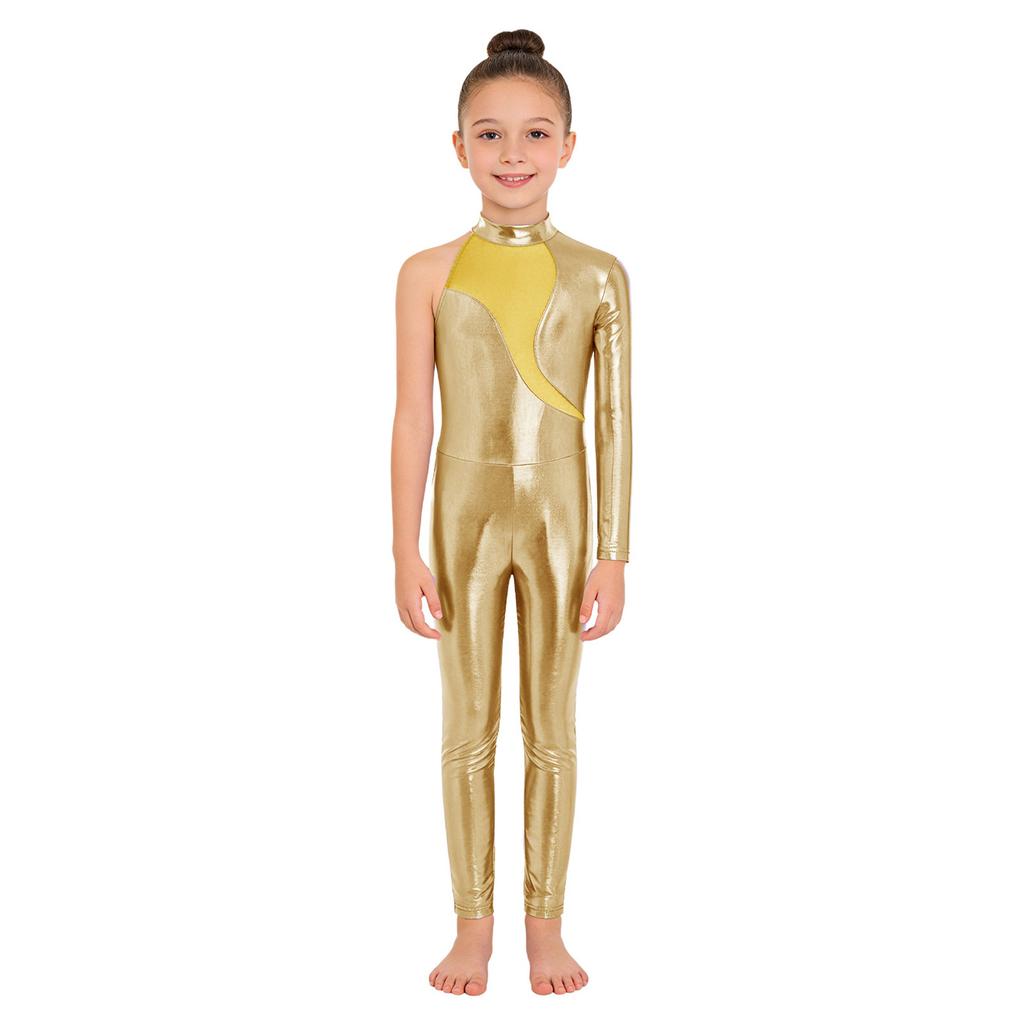 Girls Stage Performance Jumpsuit: Asymmetrical Metallic Mock Neck Mesh Patchwork Back Invisible Zipper Bodysuit Dancewear