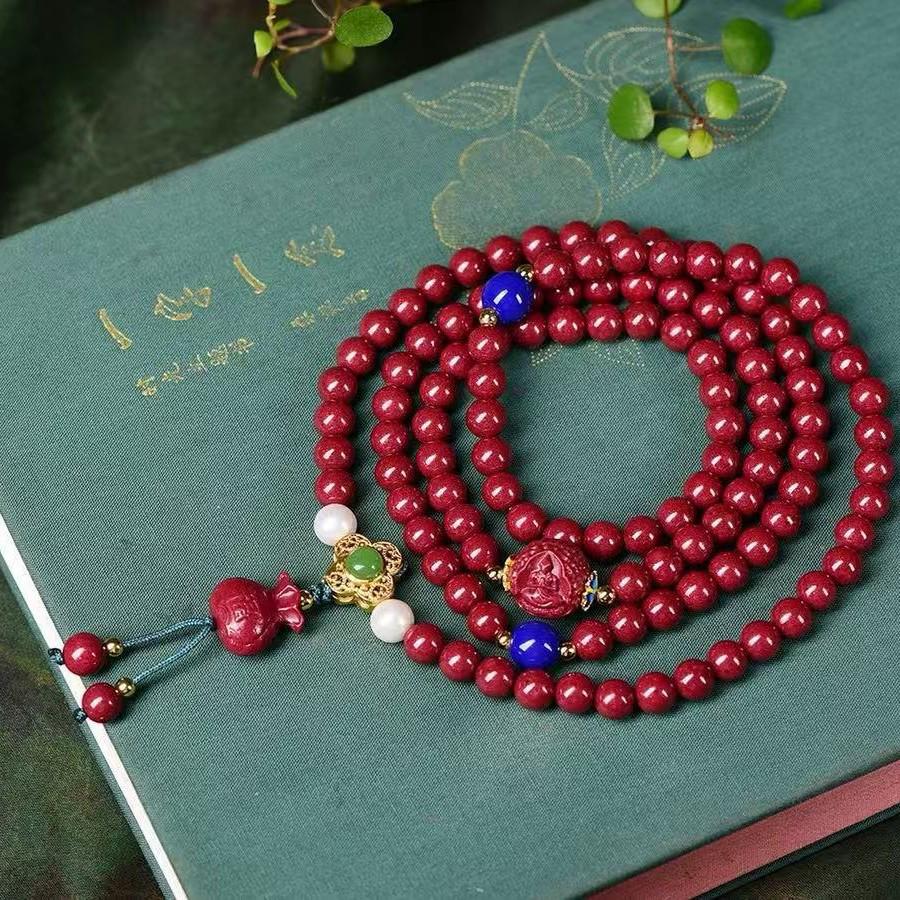 Purple Gold Sand Lotus Three-Circle Cinnabar Bracelet for Men and Women