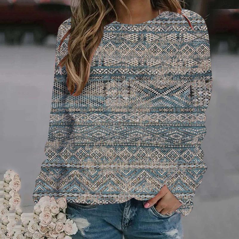 Spring and Autumn Round Neck 3D Ethnic Style Printed Top Fashionable Casual Long Sleeved Women's T-shirts