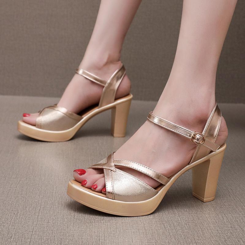 8cm Small Size 32-43 Comfortable Block High Heels Sandals Soft Leather Shoes 2025 Summer Platform Sandals Black for Office Model