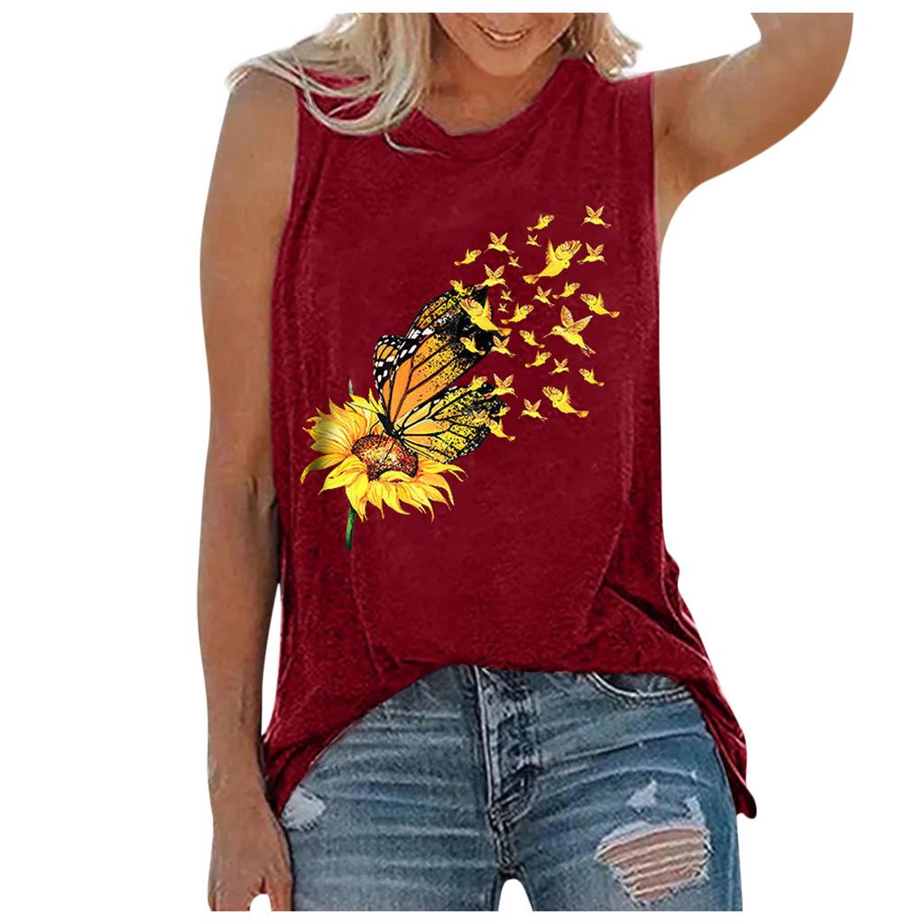 Women Summer Printing Sleeveless Shirt Casual Tank Tunic Tops Blouse