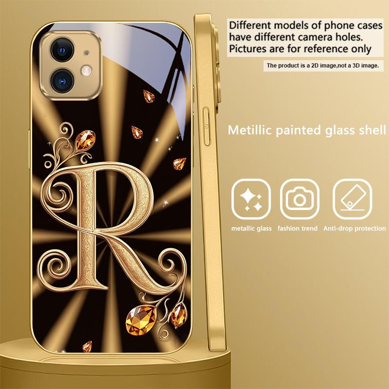 Gorgeous letter gold "R" For IPhone 17Pro Max 16 17 Pro 15 Pro 14 13 Plus 12 Mini 11Pro Max XR 16E 17Air Golden glass phone case