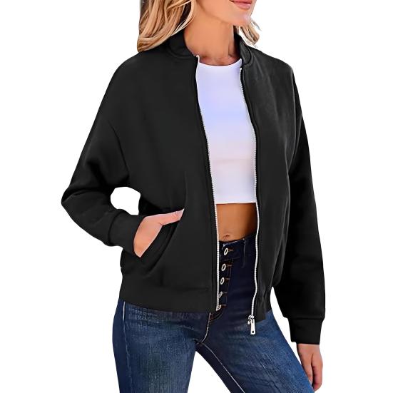 Women's Full Zip Up Jacket Spring Fall Long Sleeve Short Sweatshirt Casual Loose Outwear with Pockets